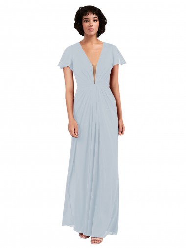 Discount Deep V-Neckline Chiffon Bridesmaid Dress with Flutter Sleeves UK
