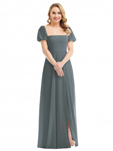 Discount Puff Sleeves Chiffon Maxi Bridesmaid Dress with Front Slit UK