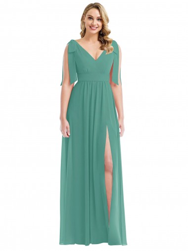 Discount Plunge Neckline Bow Shoulder Chiffon Maxi Bridesmaid Dress UK