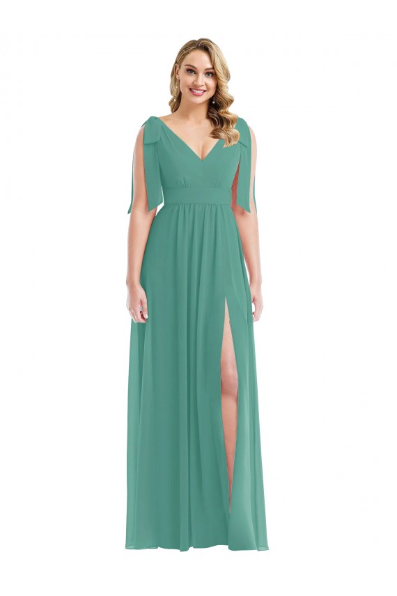 Discount Plunge Neckline Bow Shoulder Chiffon Maxi Bridesmaid Dress UK