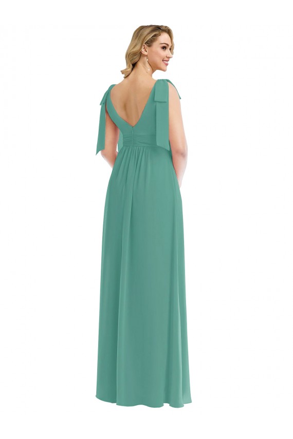 Discount Plunge Neckline Bow Shoulder Chiffon Maxi Bridesmaid Dress UK