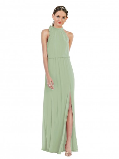 Discount High Neck Scarf Tie Blouson Bodice Maxi Bridesmaid Dress with Front Slit UK
