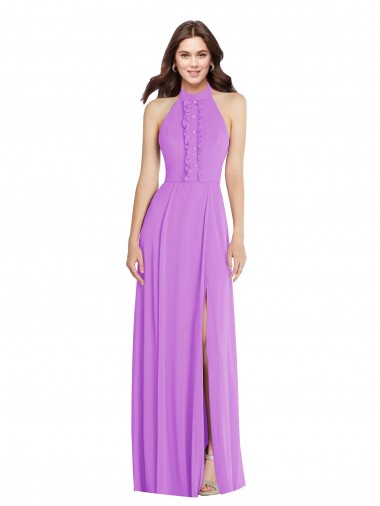 Discount Halter Backless Maxi Formal Bridesmaid Dress with Button Ruffle Placket UK