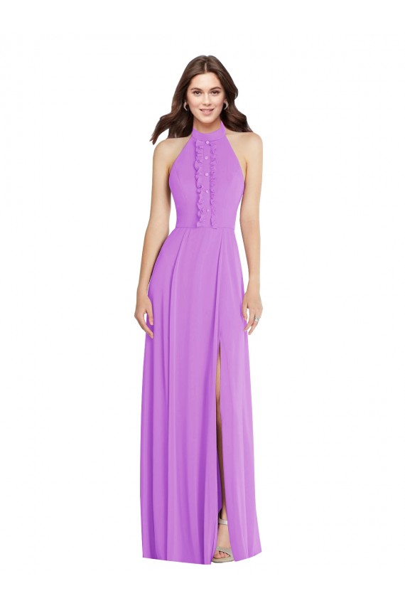 Discount Halter Backless Maxi Formal Bridesmaid Dress with Button Ruffle Placket UK