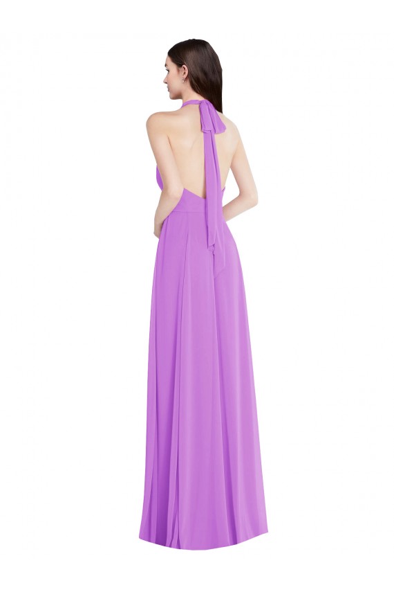 Discount Halter Backless Maxi Formal Bridesmaid Dress with Button Ruffle Placket UK