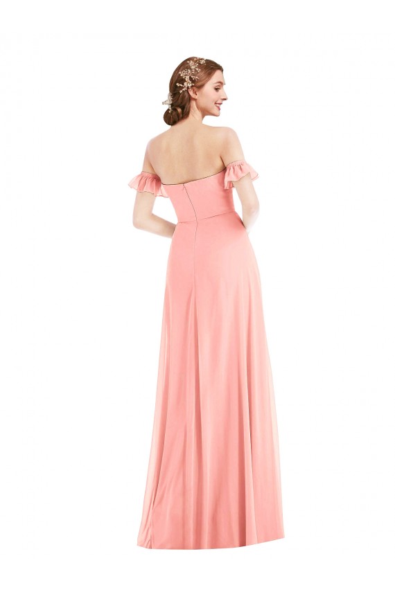 Discount Off the Shoulder Ruffle Cuff Sleeve Chiffon Maxi Bridesmaid Dress UK