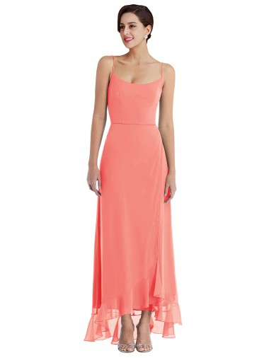Discount Scoop Neck Ruffle Trimmed High Low Maxi Bridesmaid Dress UK