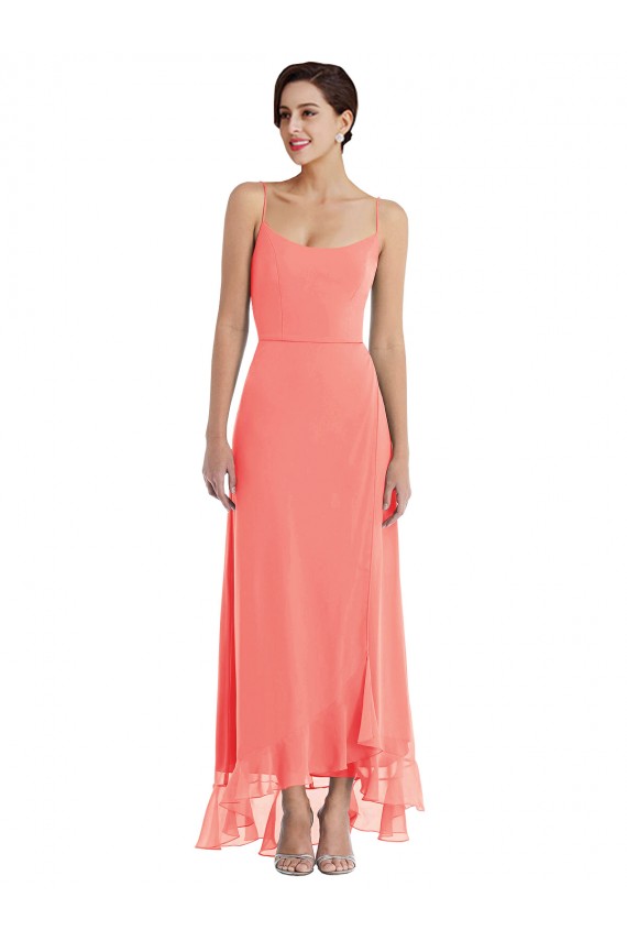 Discount Scoop Neck Ruffle Trimmed High Low Maxi Bridesmaid Dress UK