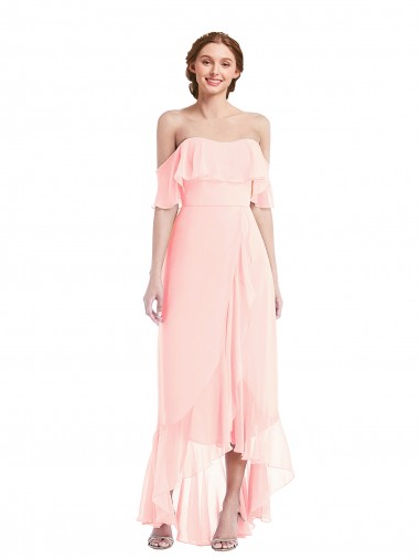 Discount Off the Shoulder Ruffled High Low Maxi Bridesmaid Dress UK