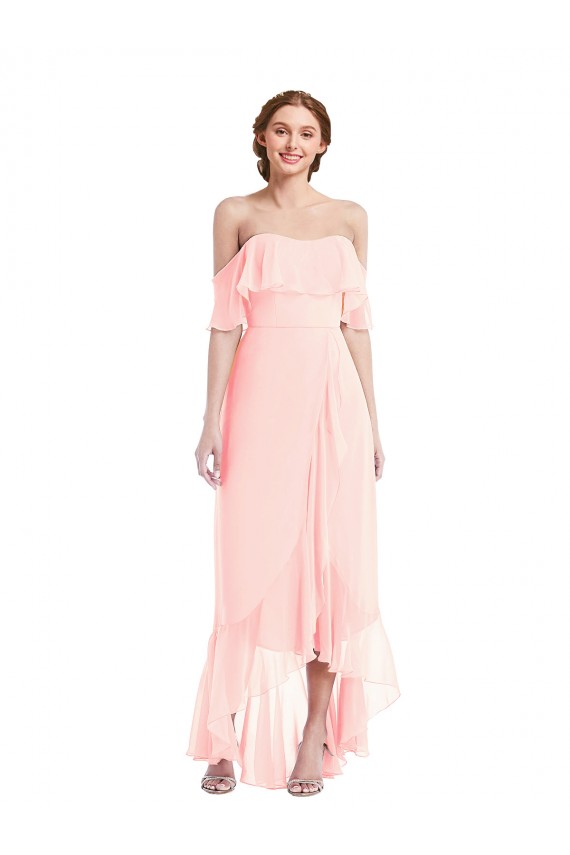 Discount Off the Shoulder Ruffled High Low Maxi Bridesmaid Dress UK
