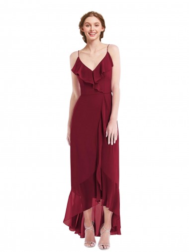 Discount Ruffle Trimmed V-Neck High Low Wrap Chiffon Bridesmaid Dress UK