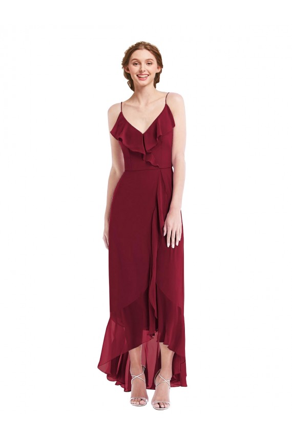 Discount Ruffle Trimmed V-Neck High Low Wrap Chiffon Bridesmaid Dress UK