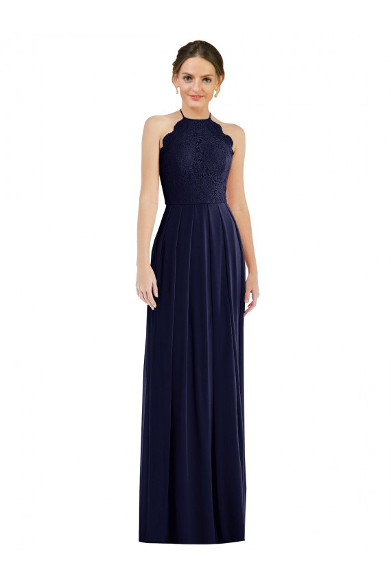 Discount Tie Neck Lace Halter Pleated Skirt Maxi Bridesmaid Dress UK