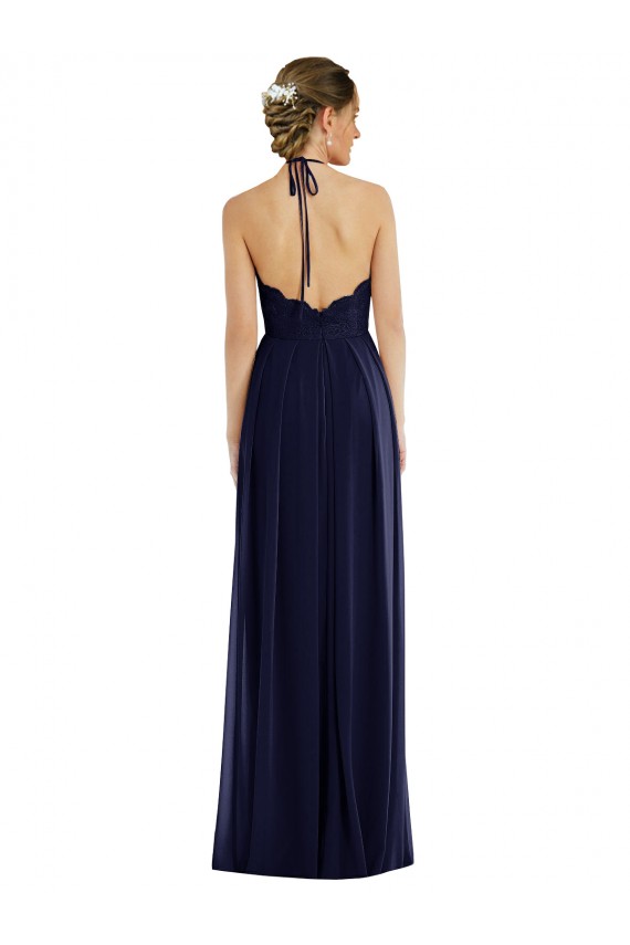 Discount Tie Neck Lace Halter Pleated Skirt Maxi Bridesmaid Dress UK