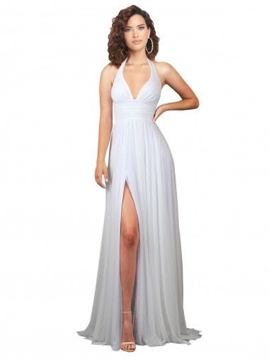 Discount Simple Halter Plunge V-Neckline Chiffon Beach Wedding Dress with High Leg Split UK