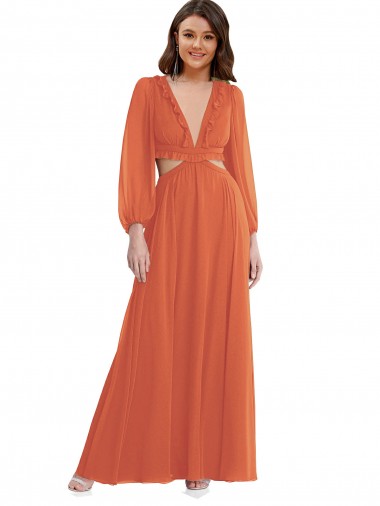 Discount High Low Ruffled Long Chiffon Cutout Bishop Sleeves Maxi Bridesmaid Dress UK