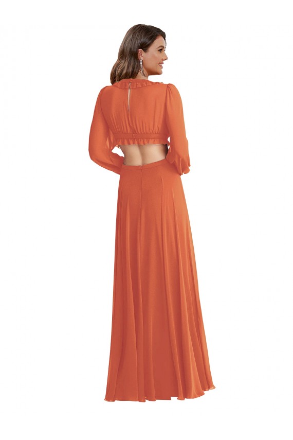 Discount High Low Ruffled Long Chiffon Cutout Bishop Sleeves Maxi Bridesmaid Dress UK