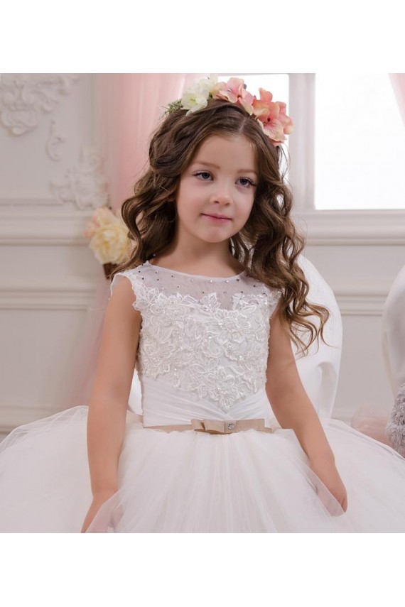 Discount Ivory Ball Gown Bateau Neck Chapel Train Sleeveless Flower Girl Dress UK