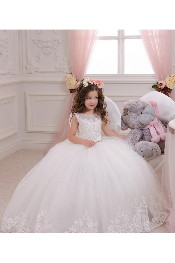 Discount Ivory Ball Gown Bateau Neck Chapel Train Sleeveless Flower Girl Dress UK