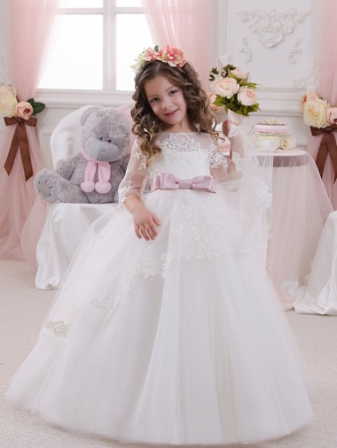 Discount Ivory Ball Gown Bateau Neck Long Chapel Train Sleeveless Flower Girl Dress UK