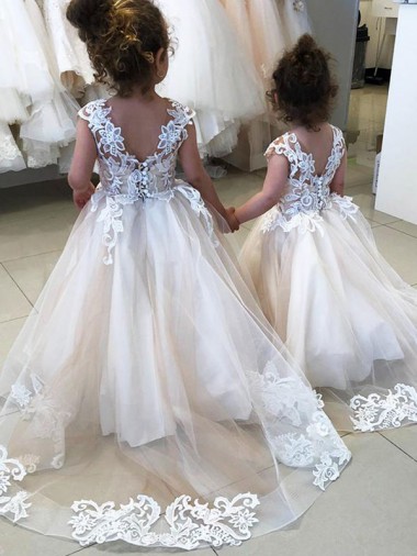 Discount Ivory Ball Gown Chapel Train Sleeveless V-Back Flower Girl Dress UK