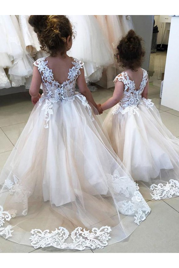 Discount Ivory Ball Gown Chapel Train Sleeveless V-Back Flower Girl Dress UK