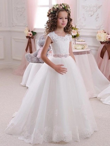 Discount Ivory Ball Gown High Neck Floor Length Keyhole Back Flower Girl Dress UK
