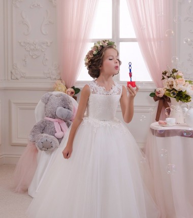 Discount Ivory Ball Gown High Neck Floor Length Sleeveless Flower Girl Dress UK