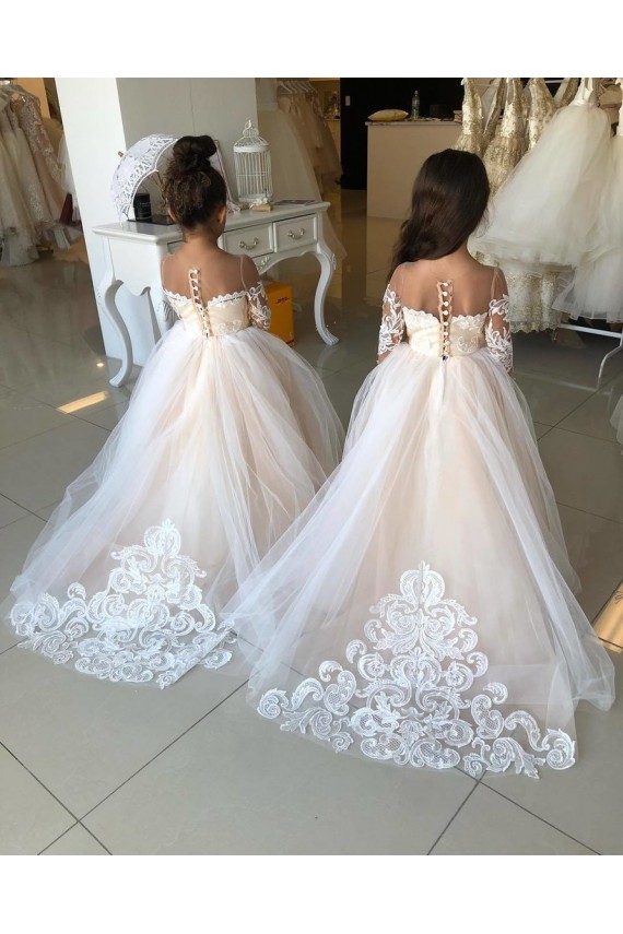 Discount Ivory Ball Gown Sweetheart Chapel Train Long Sleeve Flower Girl Dress UK