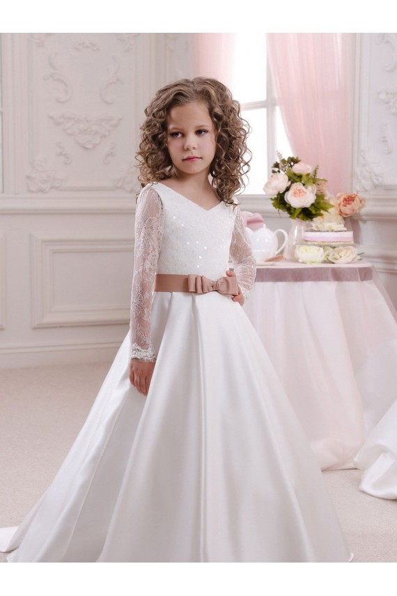 Discount Ivory Ball Gown V-Neck Chapel Train Long Sleeve Flower Girl Dress UK
