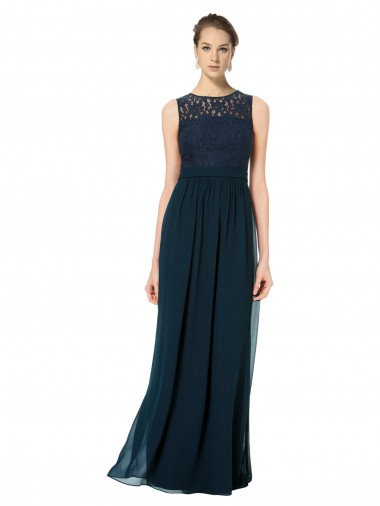 Discount Long Chiffon Bridesmaid Dress with Lace Sleeveless Bodice and Keyhole Back UK