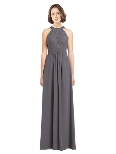 Discount Long Chiffon Bridesmaid Dress with Corded Lace Bodice UK