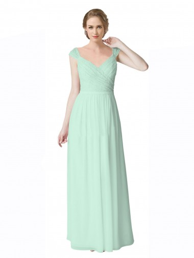 Discount Long Chiffon Bridesmaid Dress with Corded Lace V-Neck Bodice UK