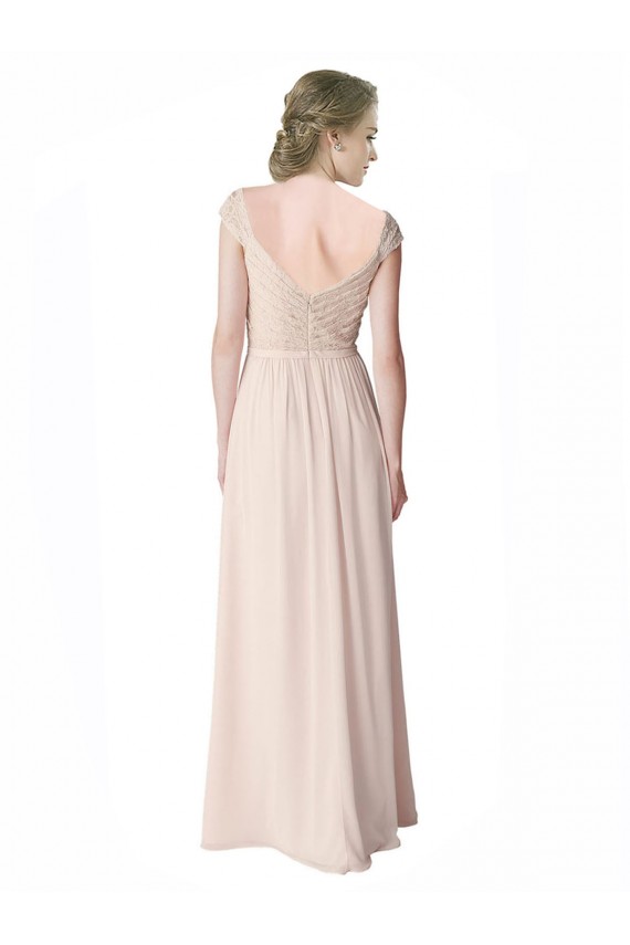 Discount Long Chiffon Bridesmaid Dress with Corded Lace V-Neck Bodice UK