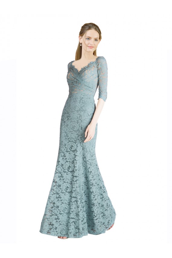 Discount Half Sleeves Pleated Lace Bridesmaid Dress / Prom Dress with Wrap-Around Portrait Neckline UK