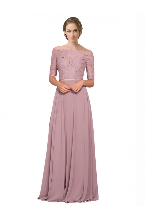 Discount Off the Shoulder Lace Crop Top A-Line Chiffon Bridesmaid Dress / Prom Dress UK