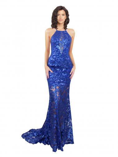 Discount High Neck Long Open Back Lace Bridesmaid Dress / Prom Dress with Train UK