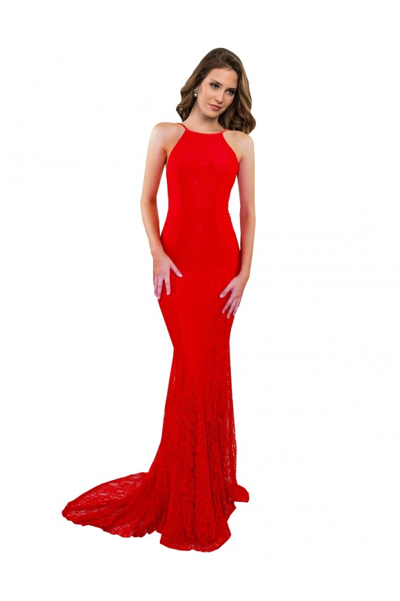 Discount High Neck Long Formal Lace Bridesmaid Dress / Prom Dress with Open Back Straps UK