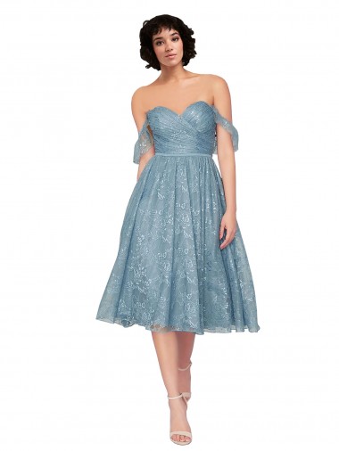Discount Off the Shoulder Sweetheart Chantilly Lace Midi Length Cocktail Bridesmaid Dress UK