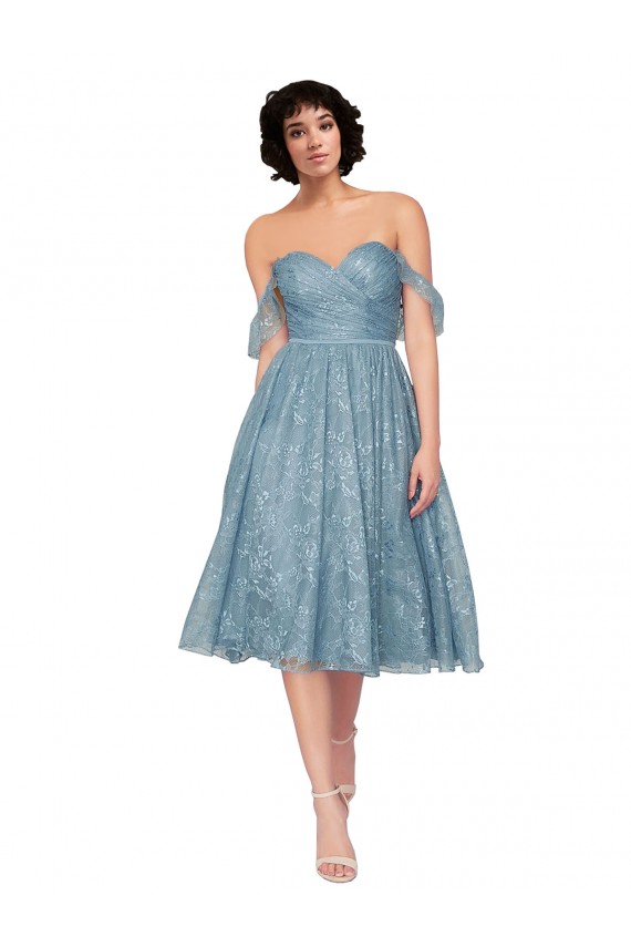 Discount Off the Shoulder Sweetheart Chantilly Lace Midi Length Cocktail Bridesmaid Dress UK
