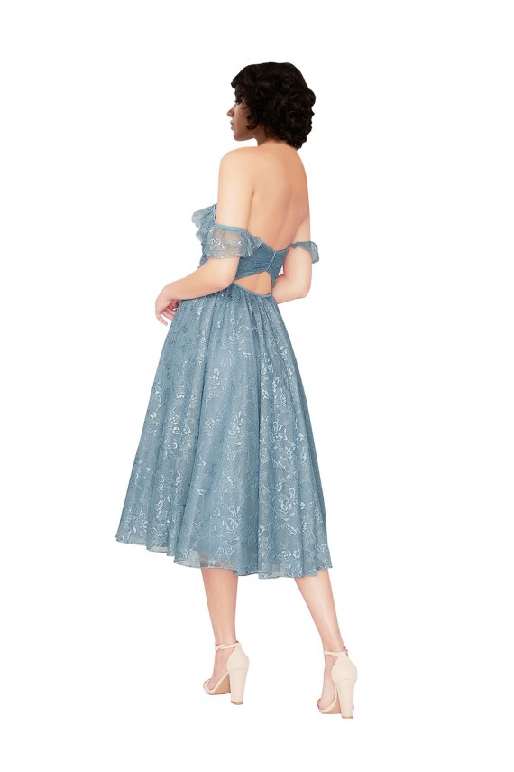 Discount Off the Shoulder Sweetheart Chantilly Lace Midi Length Cocktail Bridesmaid Dress UK
