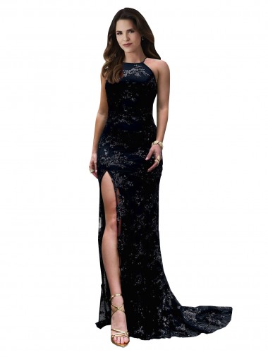 Discount Formal High Neckline Lace Open Back Bridesmaid Dress / Prom Dress with High Slit UK