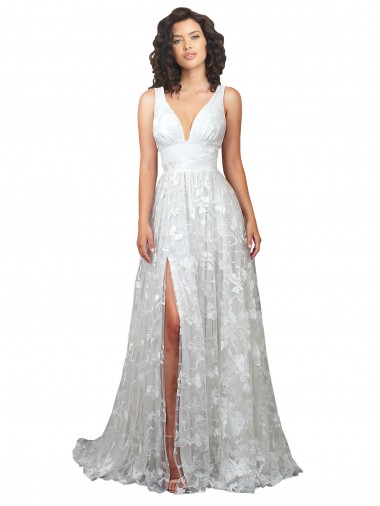 Discount Plunging V-Neckline Wedding Dress with Slit UK