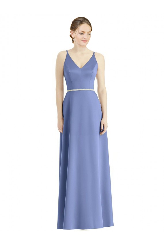 Discount Long Floor Length V-Neck Satin Bridesmaid Dress with Spaghetti Straps UK