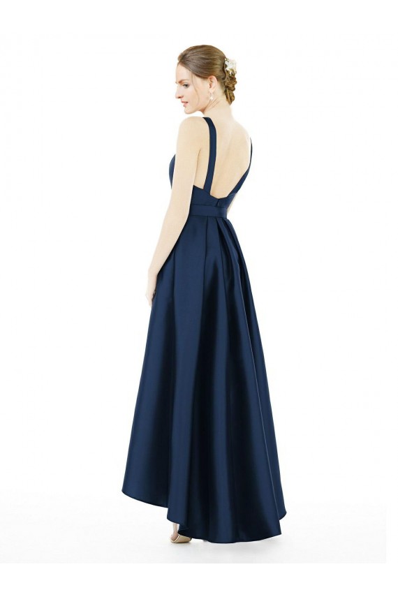 Discount Full Length Sleeveless Long Satin Bridesmaid Dress with High Low Hem Detail UK