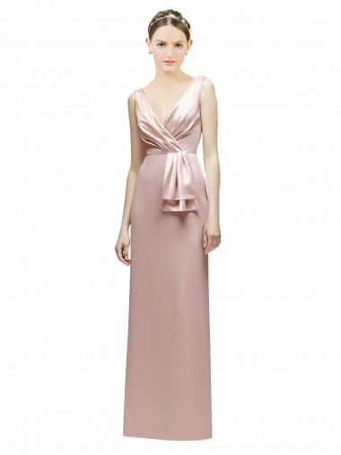 Discount Sleeveless V-Neck Long Satin Bridesmaid Dress with Draped Bodice and Tiered Bow UK