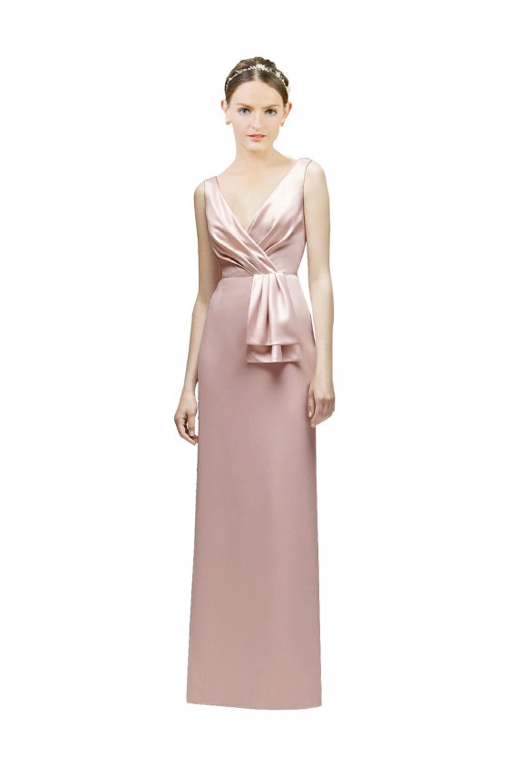 Discount Sleeveless V-Neck Long Satin Bridesmaid Dress with Draped Bodice and Tiered Bow UK