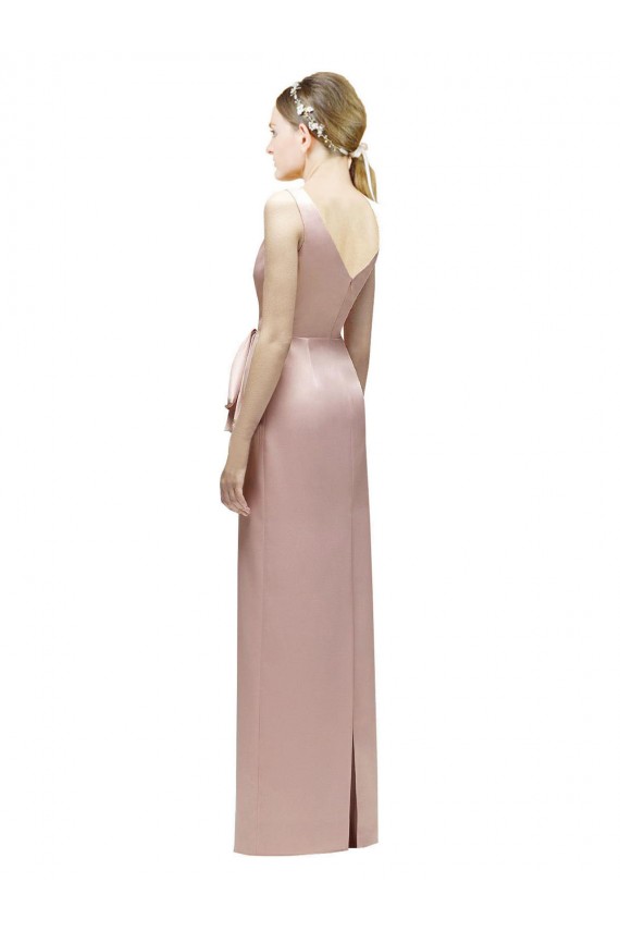 Discount Sleeveless V-Neck Long Satin Bridesmaid Dress with Draped Bodice and Tiered Bow UK