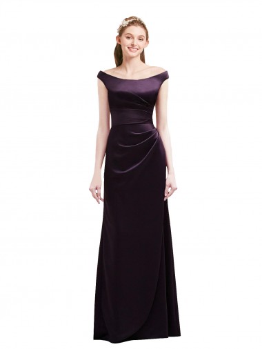 Discount Off The Shoulder Long Satin Bridesmaid Dress with Asymmetrical Pleated Bodice UK