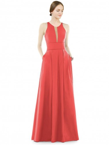 Discount Sheer V-Neck Tulle Illusion Long Satin Bridesmaid Dress UK